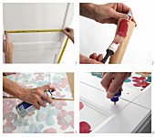 Instructions for revamping a wardrobe with floral fabric, decorative knobs and red legs