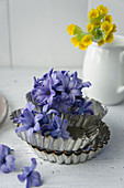 Hyacinth flowers in tart cases in front of cowslips in milk jug