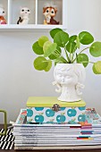 House plant in white china pot shaped like girl's head on top of retro tin and stacked magazines