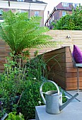 Zinc watering can on terrace in front of wooden screen and bed of green plants