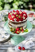 Naked cake with strawberries and daisies on a garden table