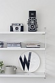 Retro cameras, CD cases and black and white decorative plate on white String shelves