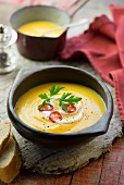 Pumpkin and parsnip soup with chilli rings