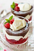 Chocolate mousse with raspberries and cream