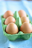 Six brown eggs in an egg box