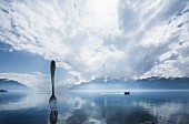Riesengabel am Ufer von Vevey, Genfer See, Schweiz