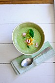 Courgette soup with broccoli, ham and sweetcorn