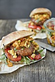 Burgers with mushrooms, tomatoes and salsa