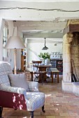 View into kitchen from rustic living room