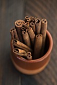 Cinnamon sticks in a terracotta pot (seen from above)