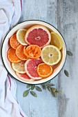 Citrus fruits in an enamel bowl