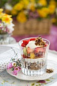 Yoghurt with cereals and fruit for a spring brunch