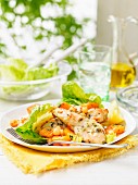 Chicken salad with pumpkin, chickpeas and lettuce