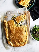 Broccoli, feta and anchovy fillo pie