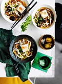 Udon noodle soup with shiitake mushrooms and tofu