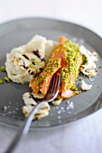 Salmon with pistachio nuts, cauliflower and mashed potatoes