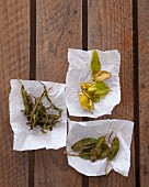 Fried sage and basil leaves on a pieces of paper on a wooden surface