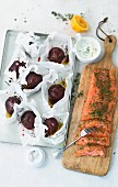 Baked beetroot with a yoghurt dip and graved lax