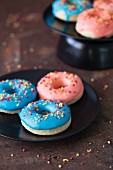 Blue and pink glazed doughnuts with sugar sprinkles on a plate