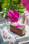 A slice of chocolate cake with cherry liqueur on a table outside