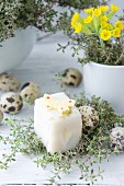 A petit four decorated with a butterfly, thyme and sugar eggs