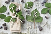 Table and place setting decorations with blackberries and blackberry leaves