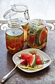 Pickled vegetables from Russia (watermelon, cucumber, celery, tomatoes, garlic, dill)