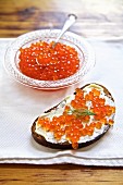 Slice of bread-and-butter topped with salmon caviar (Russia)