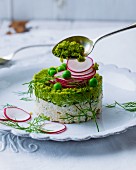 Green mint purée on radish couscous (vegetarian)