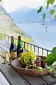Grapes and red wine on a balcony with a view of a lake (Italy)
