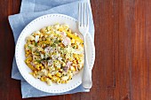 Pasta salad with egg, ham, sweetcorn, peppers, beansprouts and mayonnaise