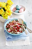 Cabbage salad with pomegranate seeds, radishes, beansprouts and red onions for Easter
