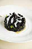 Risotto al nero con seppie e bietola (black risotto with squid and chard, Italy)