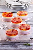 Yoghurt tartlets with strawberry mousse and strawberries in jelly