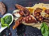 Squid on a bed of polenta with basil pesto (seen from above)