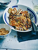 Grilled aubergines and oyster mushrooms with devil sauce