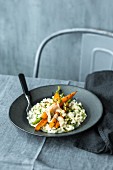 Gorgonzola and lemon risotto with green olives and cardamom carrots