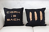 Cushions decorated with motifs made from cork