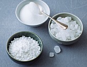 Different types of sugar (crystal sugar, rock sugar and sugar nibs)