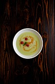 Cold melon soup with raspberries and tapioca pearls