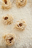 Fresh spaghetti nests on a floured work surface