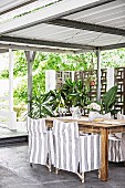 Überdachte Terrasse mit grau-weiß gestreiften Hussensesseln und Grünpflanzen vor Sichtschutzwand