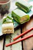Lemper Ayam (steamed sticky rice with rousong, Indonesia) in banana leaves