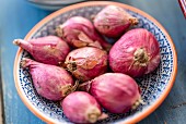 Red onions in a small porcelain bowl