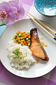 Miso baked salmon with steamed rice and Edamame beans (Japan)