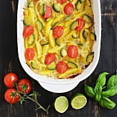 Vegetable bake with potatoes, tomatoes, onions and avocado