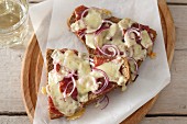 Salami and melted Greyerzer cheese on toast with onions