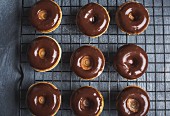 Donuts mit dunkler Schokoglasur auf Kuchengitter