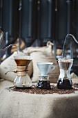 Filter coffee being made with various coffee jugs (Chemex, Hario V60, Kalita), Elbgold in Hamburg