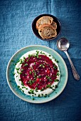 Feta cheese cream with beetroot chutney and bread